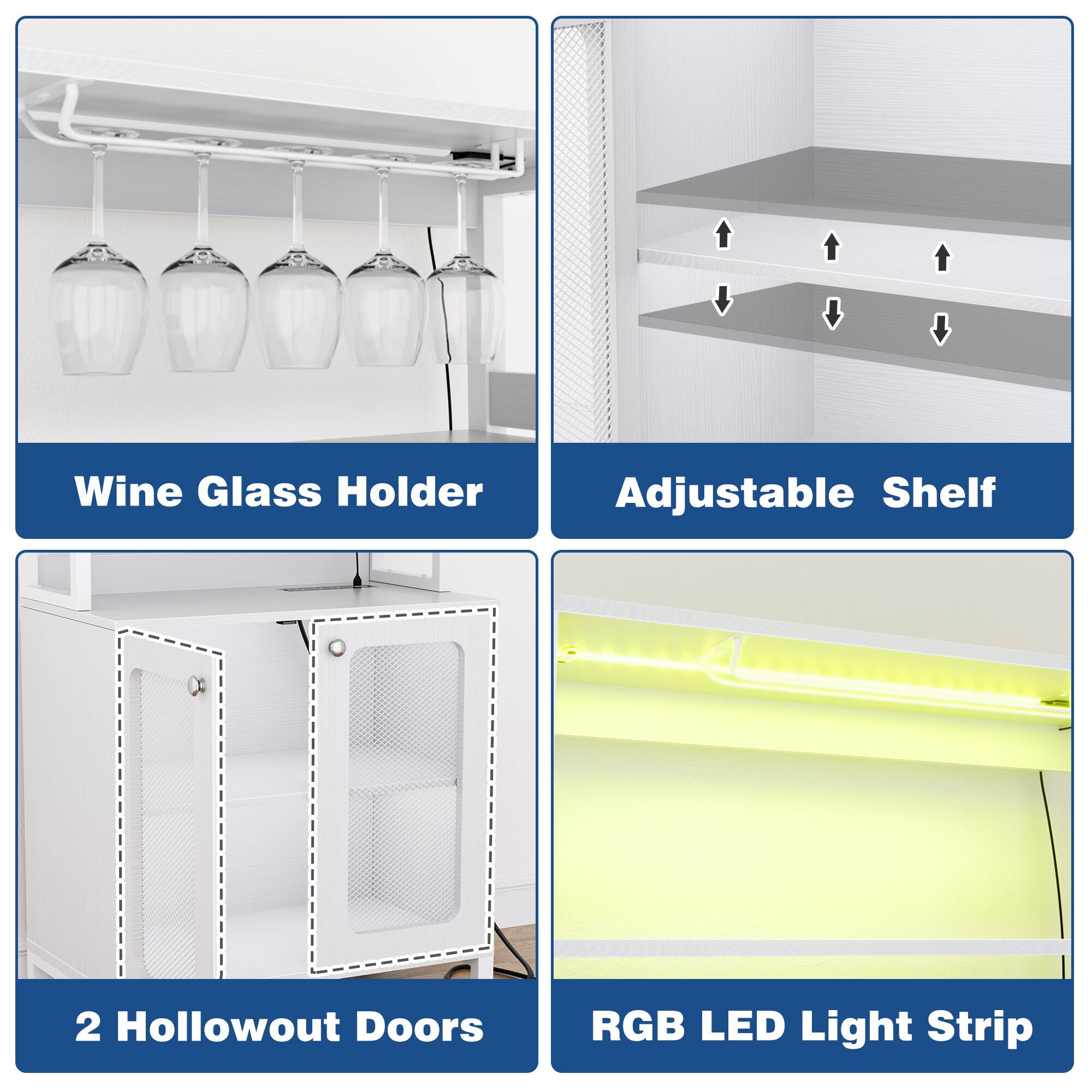 Wine Glass Holder Adjustable Shelf 2 Hollowout Doors RGB LED Light Strip