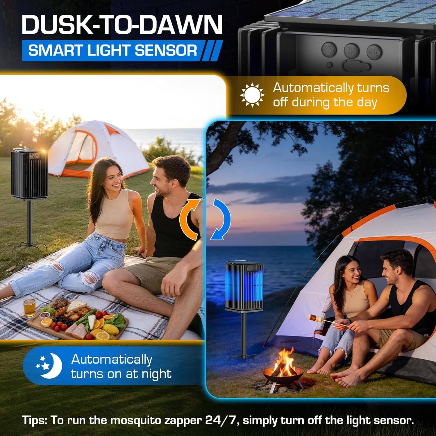 DUSK-TO-DAWN SMART LIGHT SENSOR

- Automatically turns off during the day
- Automatically turns on at night

Tips: To run the mosquito zapper 24/7, simply turn off the light sensor.