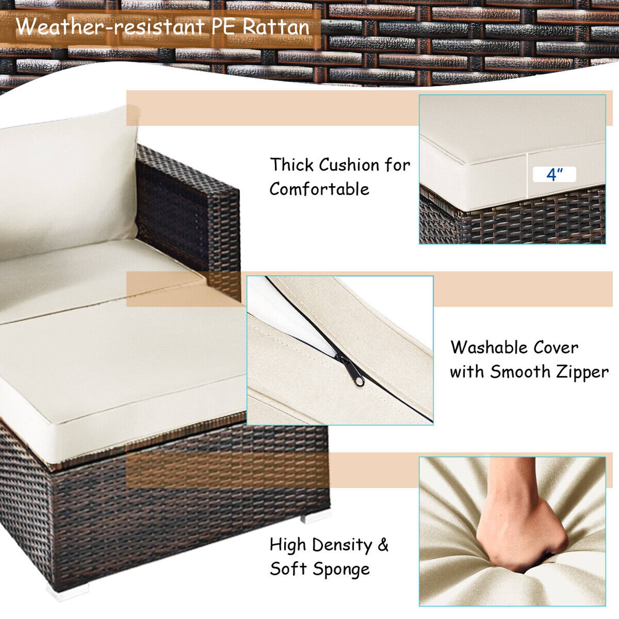 Weather-resistant PE Rattan

Thick Cushion for Comfortable

4"

Washable Cover with Smooth Zipper

High Density & Soft Sponge