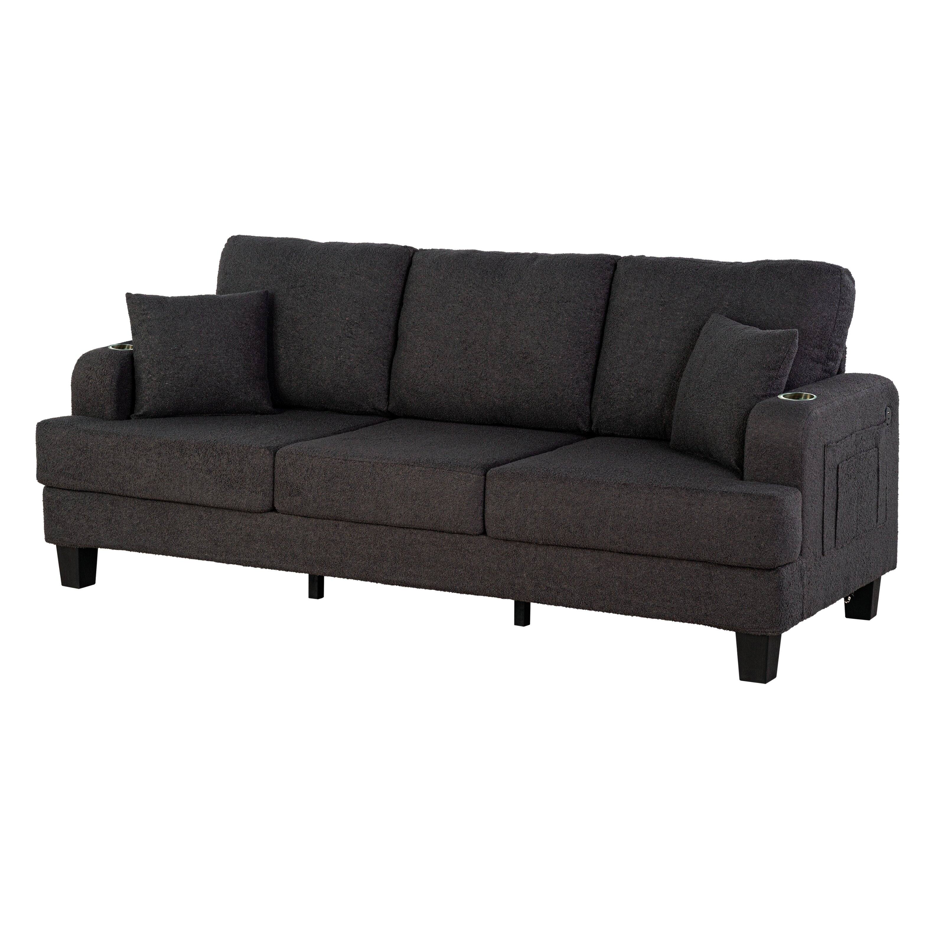 Alt View 1. Parrot Uncle - 3-Seater Fabric Upholstered Reclining Sofa with Built-In USB Charging Port and Dual Cup Holders - Charcoal black.