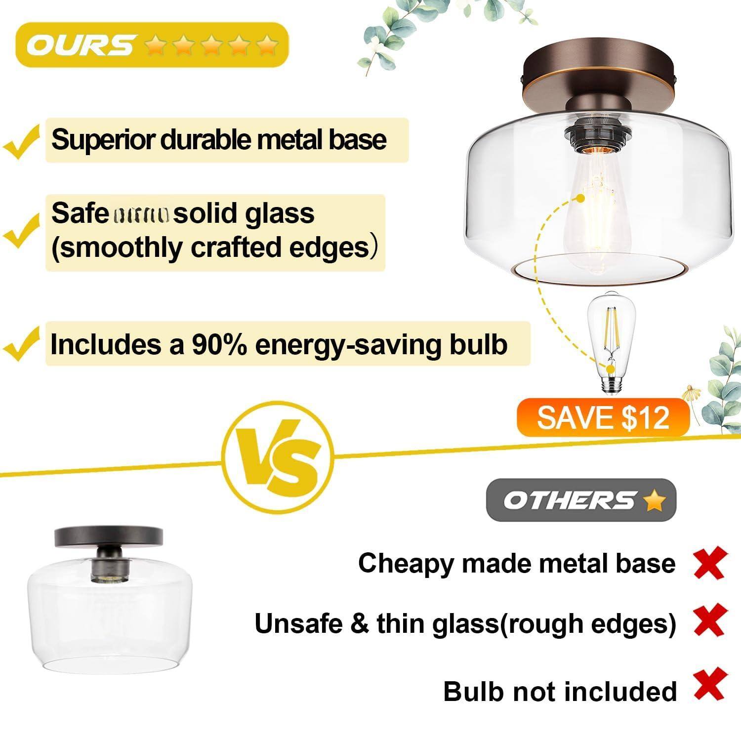 **OURS**

- Superior durable metal base
- Safe solid glass (smoothly crafted edges)
- Includes a 90% energy-saving bulb

**SAVE $12**

**VS**

**OTHERS**

- Cheaply made metal base
- Unsafe & thin glass (rough edges)
- Bulb not included