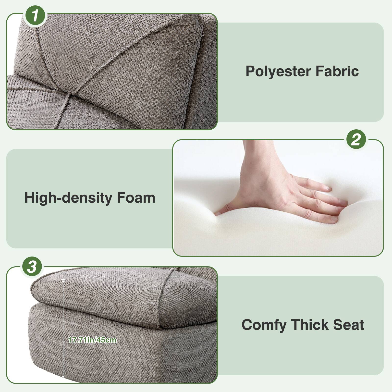 1. Polyester Fabric  
2. High-density Foam  
3. Comfy Thick Seat  
   17.71in/45cm