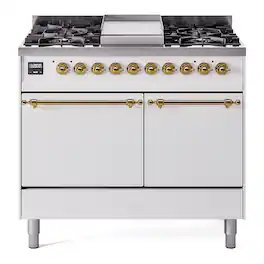ILVE - Nostalgie II Series 40 in. Dual Fuel Range with 6 Sealed Burners + Griddle (Natural Gas, Brass Trim) - White