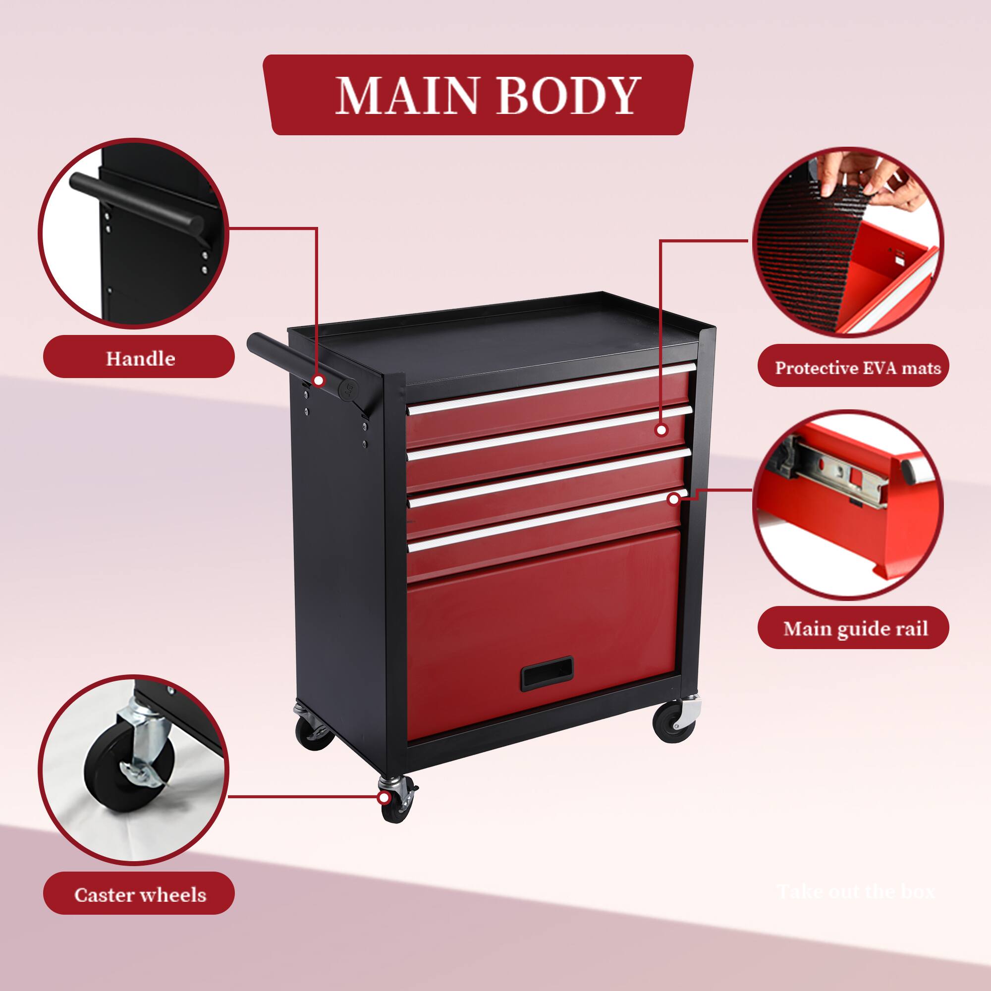 MAIN BODY

- Handle
- Protective EVA mats
- Main guide rail
- Caster wheels

Take out the box