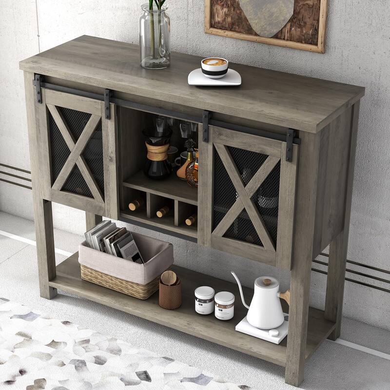 Alt View 3. Babevy - Coffee Bar Cabinet - Ample Storage Space - Grey.