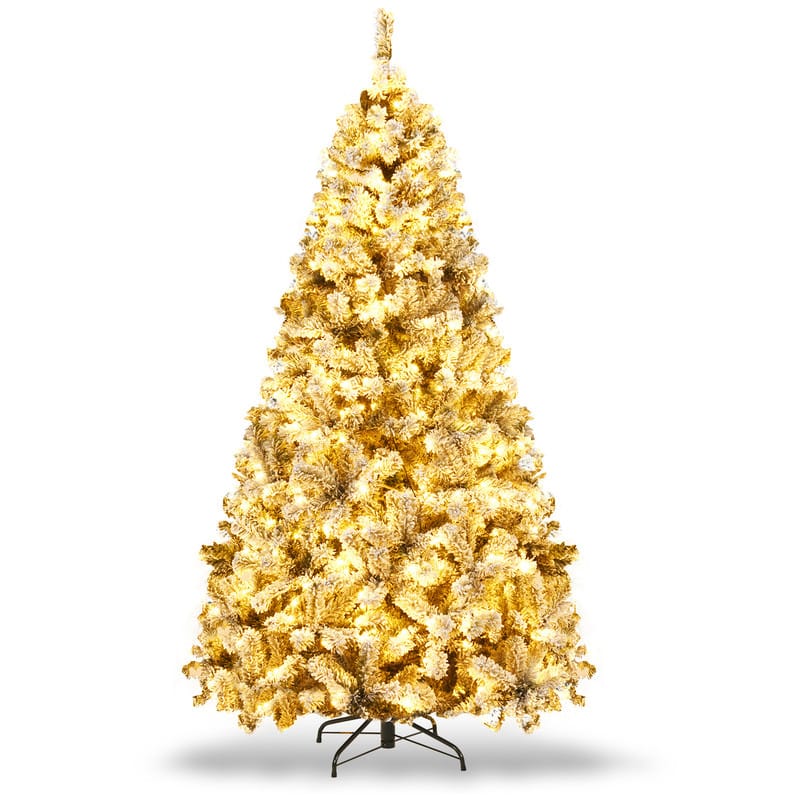 WELLFOR - 7.5 ft Artificial Christmas Tree, Snow‑Flocked Hinged Xmas Tree with 1010 PVC Branch Tips,450 Warm‑White LED Lights - White & Green
