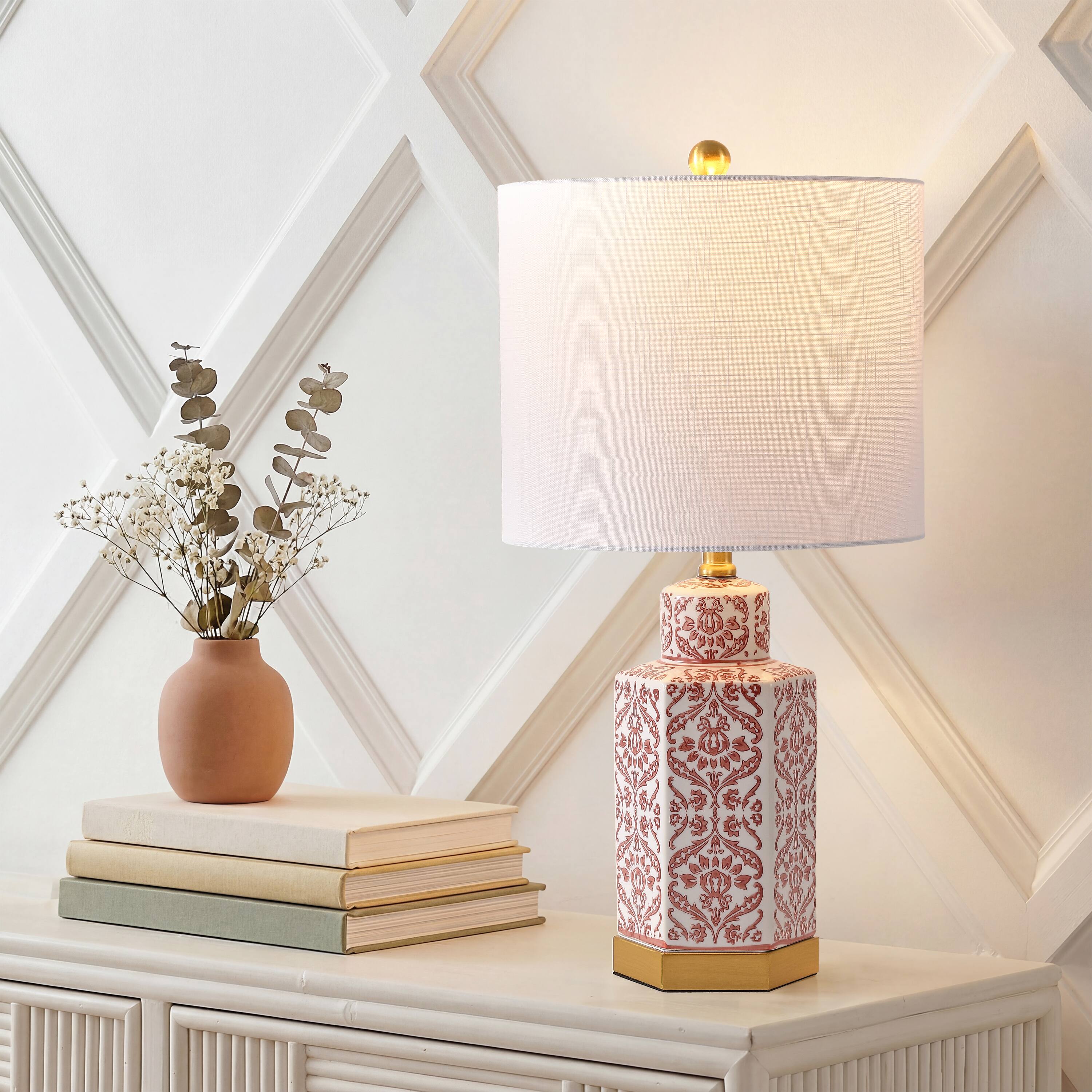 Alt View 1. Jonathan Y - Diana 23.5" Classic Red and White Floral Ceramic Table Lamp with Brass Base, Traditional for Living Room - Red/White.