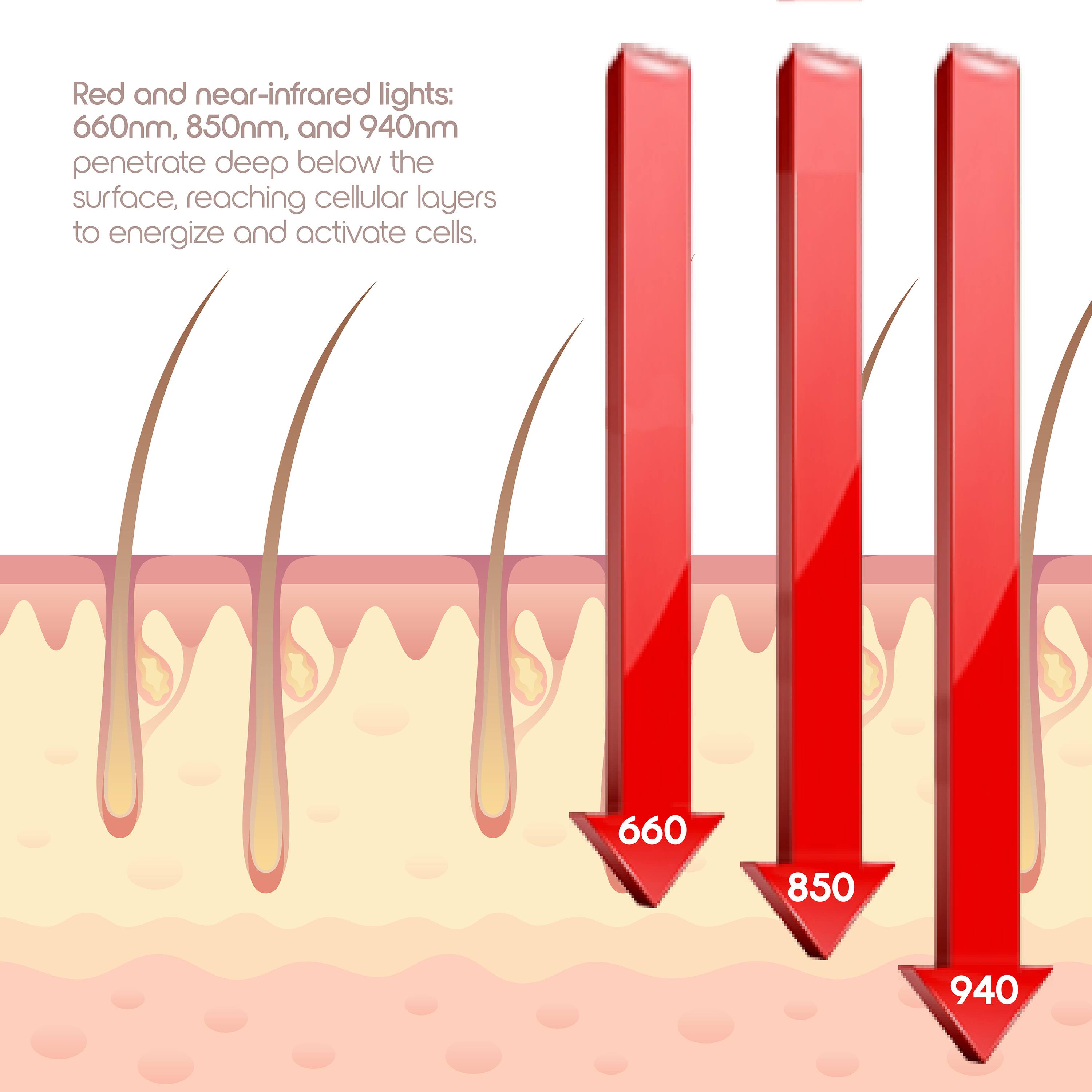 Red and near-infrared lights: 660nm, 850nm, and 940nm penetrate deep below the surface, reaching cellular layers to energize and activate cells.