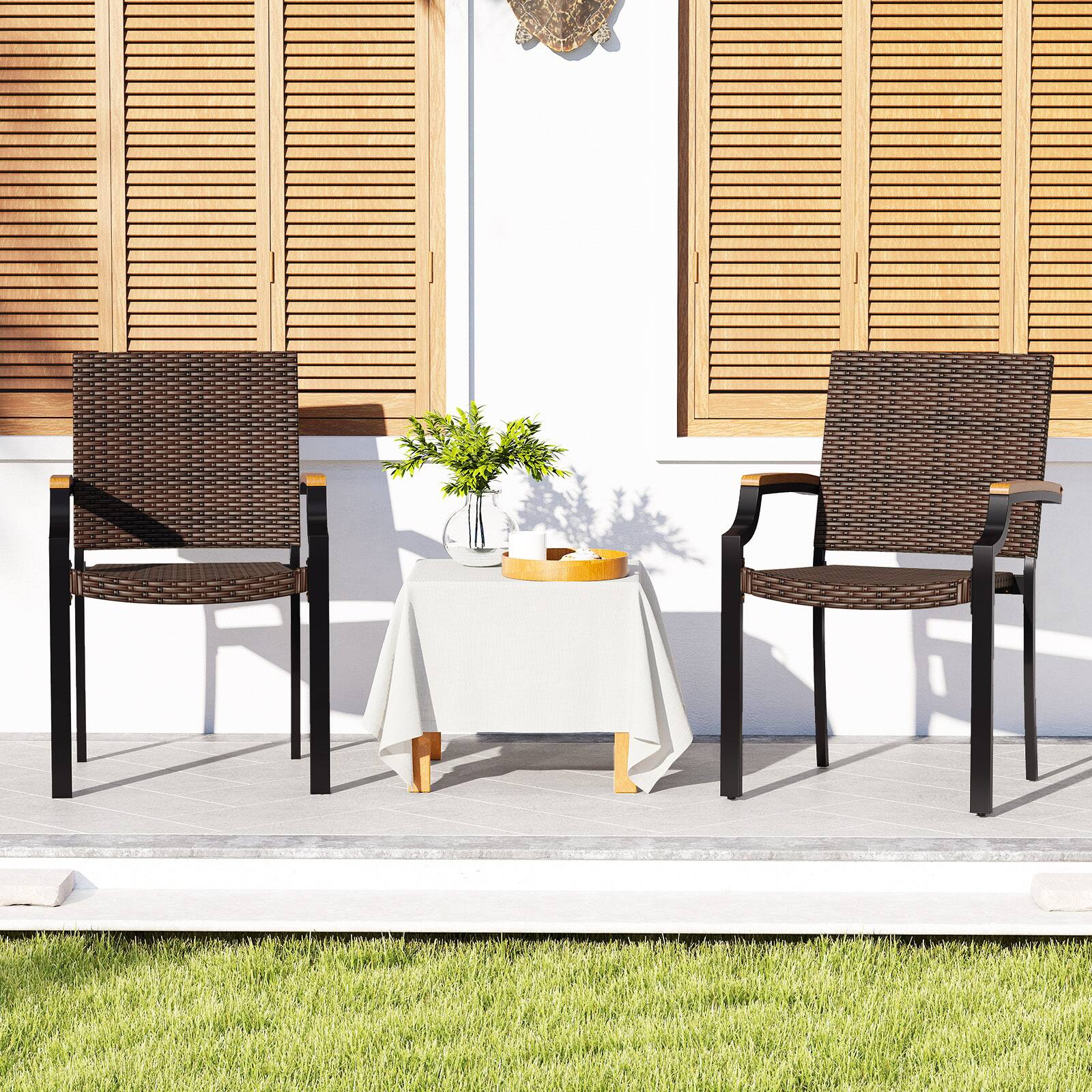 Alt View 1. Gymax - Gymax Stacking Wicker Chairs Set of 4 w/Acacia Wood Armrests & Metal Frame Outdoor - Brown.