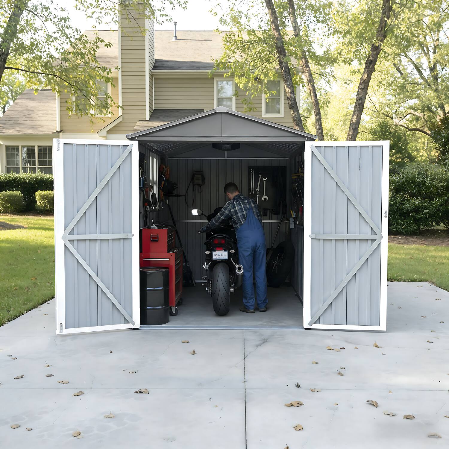 Angle. Loheer - Loheer Motorcycle Storage Shed with Window 66 by 121 Inch Grey and White Outdoor Shed.