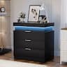 Meqiodas - Nightstand with Charging Station and LED Lights,Night Stand with Sliding Top for Bedroom,Bedside Table with Drawers - Black