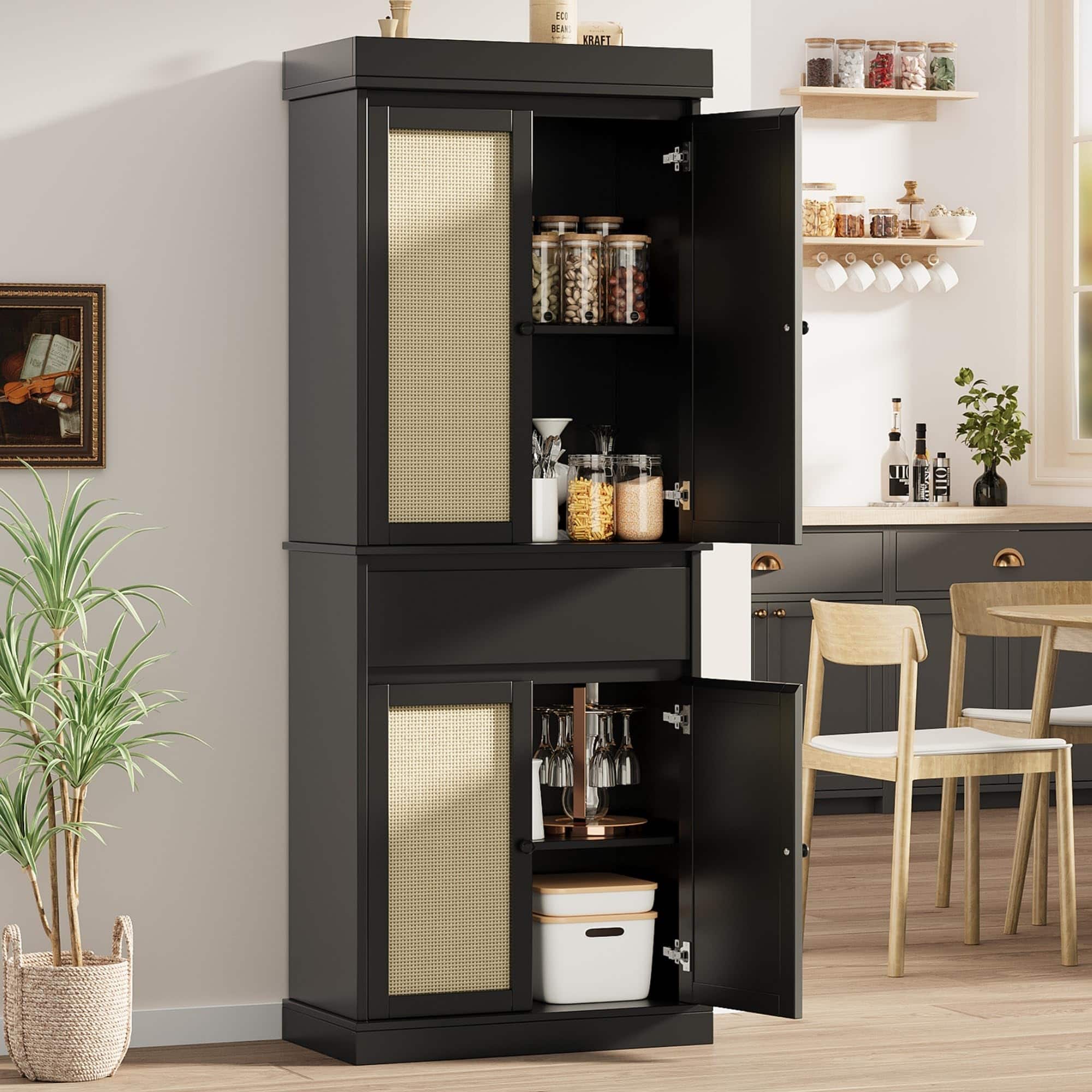 Acekool - Kitchen Pantry Cabinet, Tall Storage Cabinet with Rattan Doors and Adjustable Shelves, Freestanding Cupboard with Drawer - Black