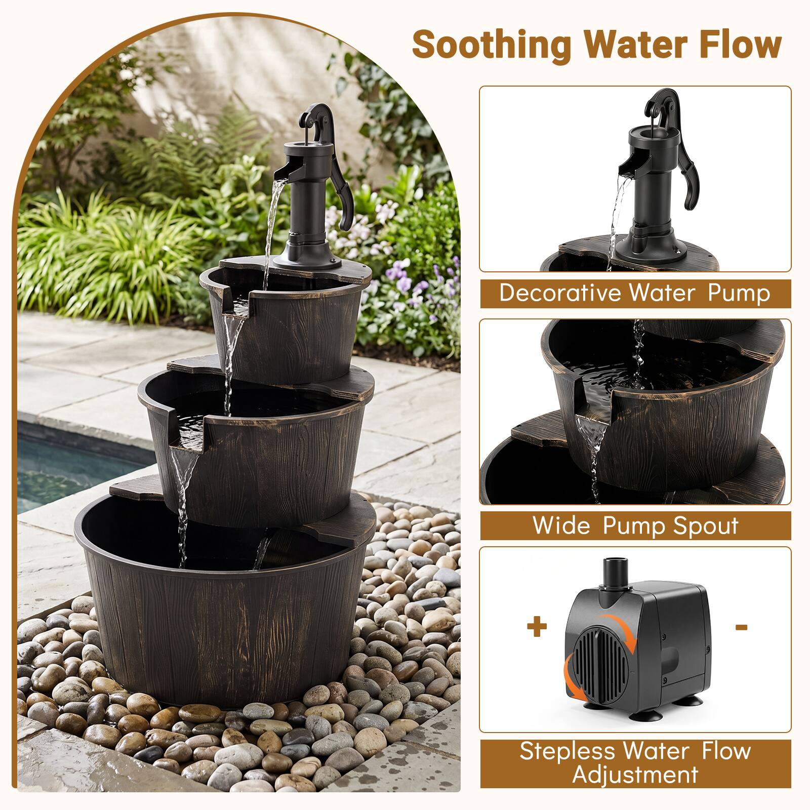 Soothing Water Flow  
Decorative Water Pump  
Wide Pump Spout  
+  
Stepless Water Flow Adjustment