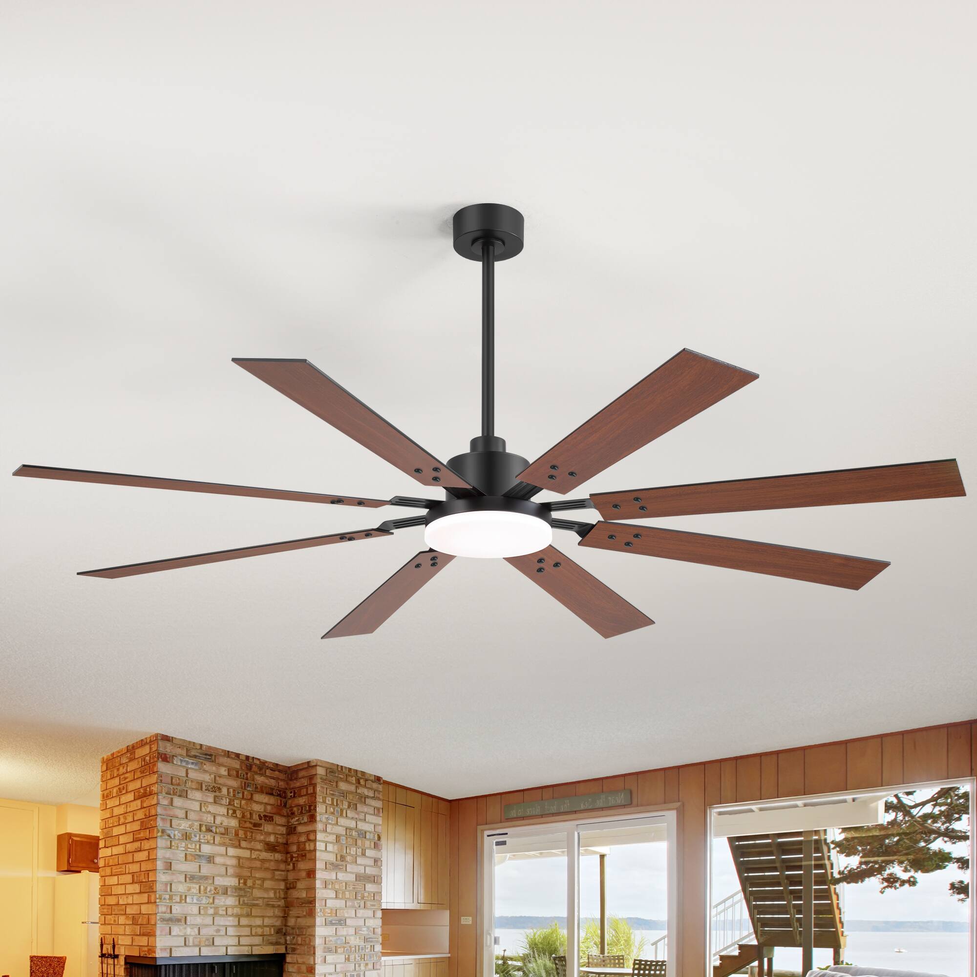 Angle. Breezary - 72'' Ceiling Fan with 8 Plywood Blades, 3-Color Light, 6-Speed DC Motor, 6"/20" Downrods, Remote with Timer - Matte Black and Dark Wood Grain.