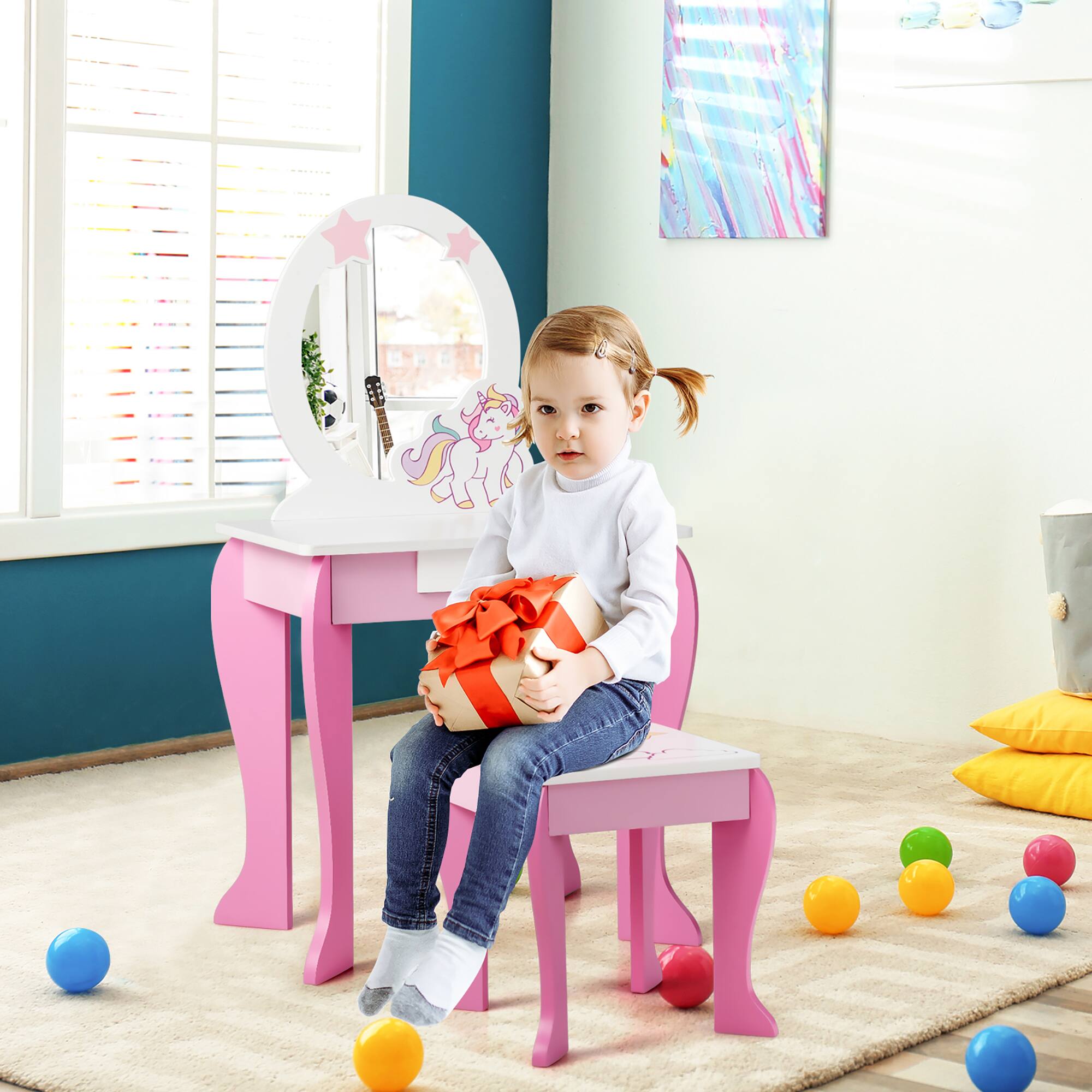 Alt View 3. Costway - Costway Kids Vanity Makeup Dressing Table Chair Set Wooden with Mirror Drawer - Pink.