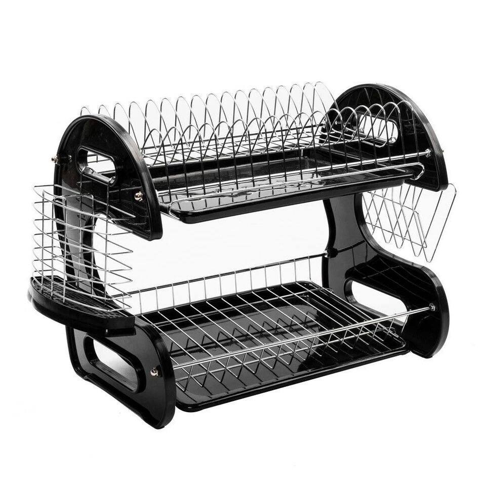 Left. Home Collection - 2-Tier Stainless Steel Dish Drying Rack with Cup Holder and Utensil Drainer - Silver.