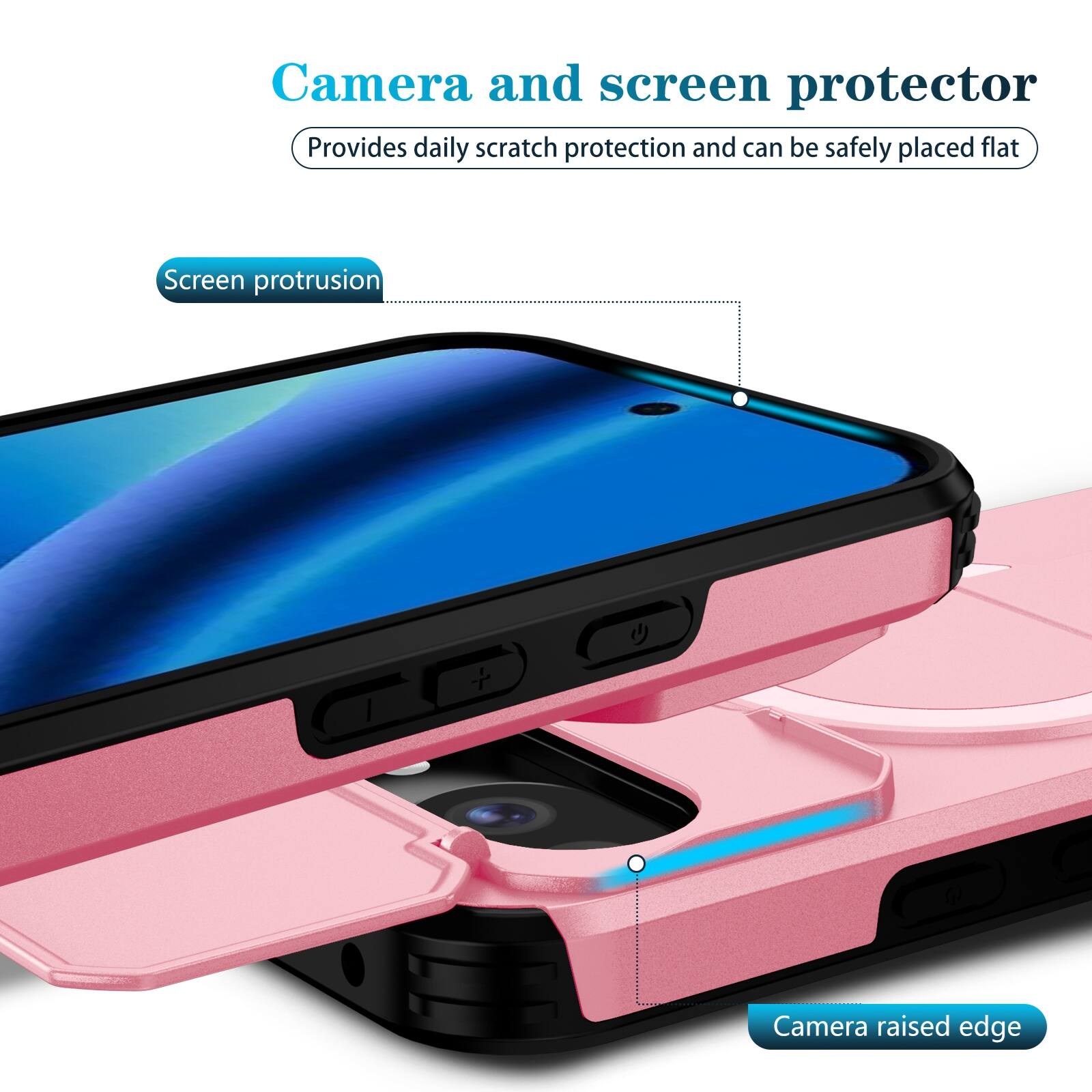 Camera and screen protector  
Provides daily scratch protection and can be safely placed flat  

Screen protrusion  
Camera raised edge