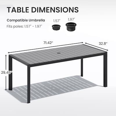 TABLE DIMENSIONS

Compatible Umbrella
Fits poles: 1.57" - 1.97"

71.42" 32.8" 29.45"