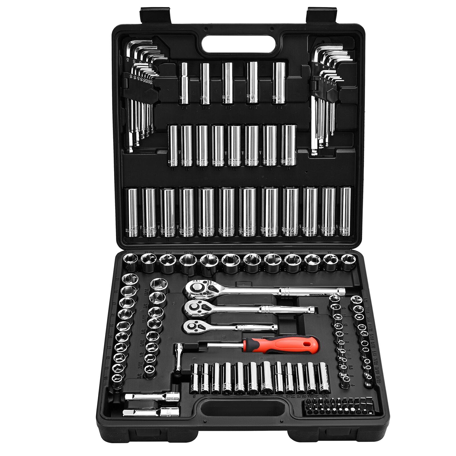 VEVOR - Socket Set, 149 Pieces, 3/8 & 1/4 & 1/2 inch Drive Socket and Ratchet Set, SAE and Metric, Deep and Shallow - Black+Sliver