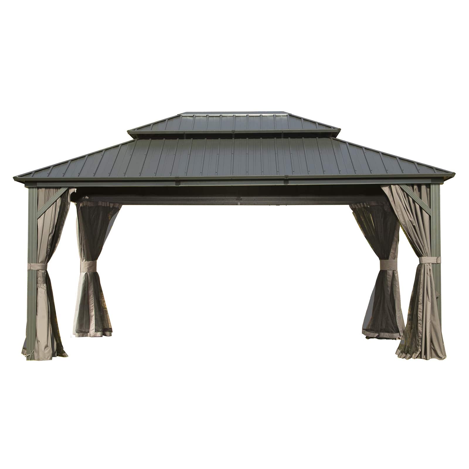 Chateau Abodes - 10' x 14' Hardtop Gazebo, Aluminum Frame with Galvanized Steel Double Roof, Curtains & Netting for Patio, Backyard - Gray
