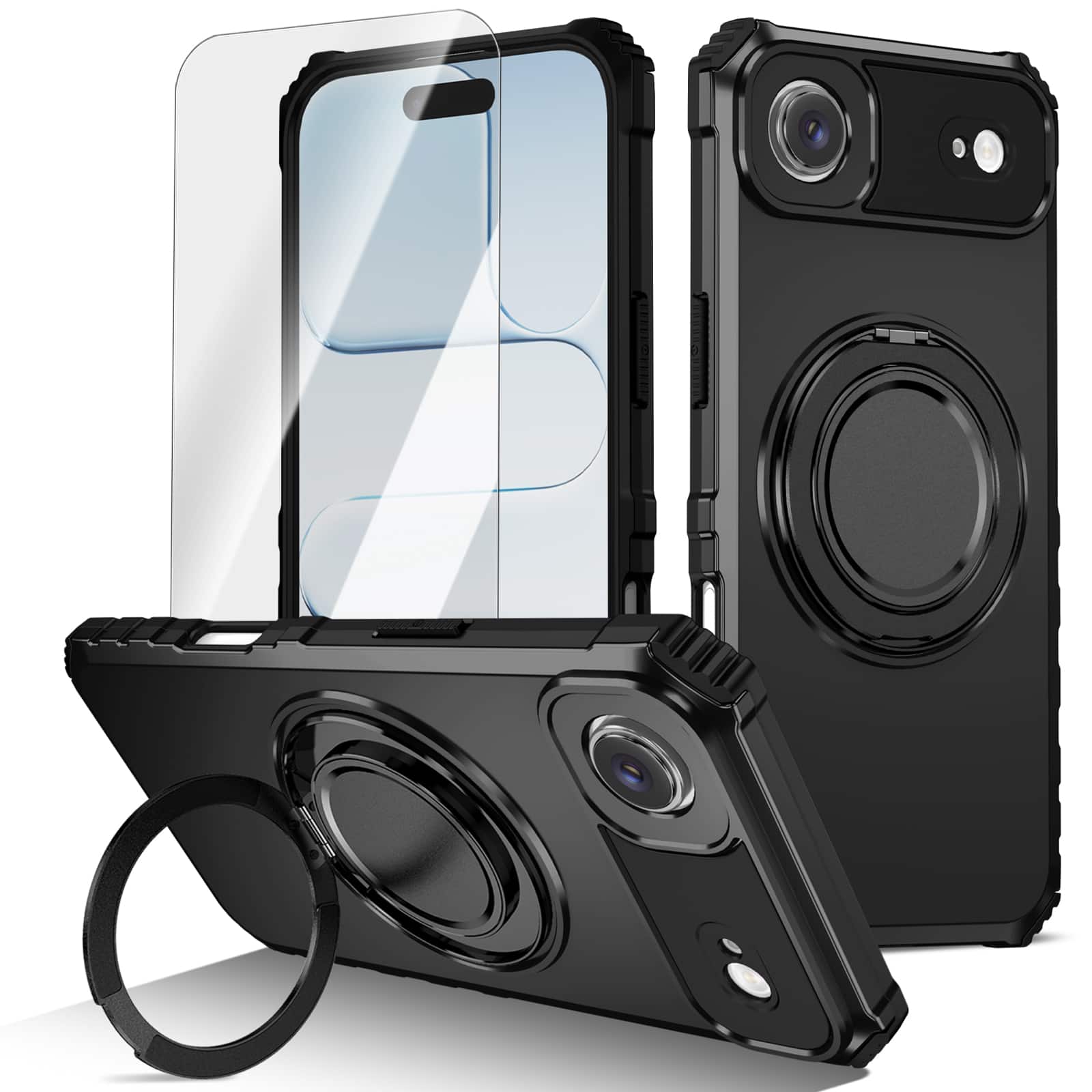 Dteck - Heavy Duty Ring Stand Case for Apple iPhone Air,Shockproof Rugged PC TPU Phone Cover + Tempered Glass Flim - Black