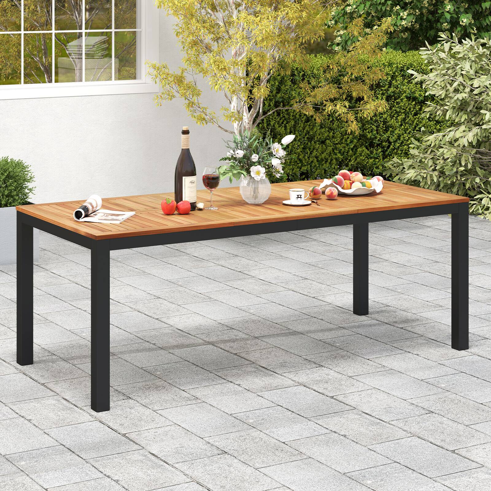 Alt View 1. Gymax - Gymax Patio Dining Table for 8 79'' Large Rectangle Table w/ Acacia Wood Tabletop - Natural, Black.