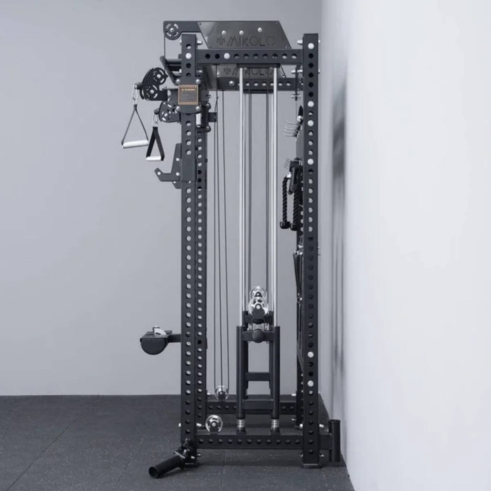Left. Mikolo - ANUBIS Power Cage, All-in-One Power Rack Cage, 2000LBS Power Cage Squat Rack, Dual Pulley Cable Crossover System - Black.