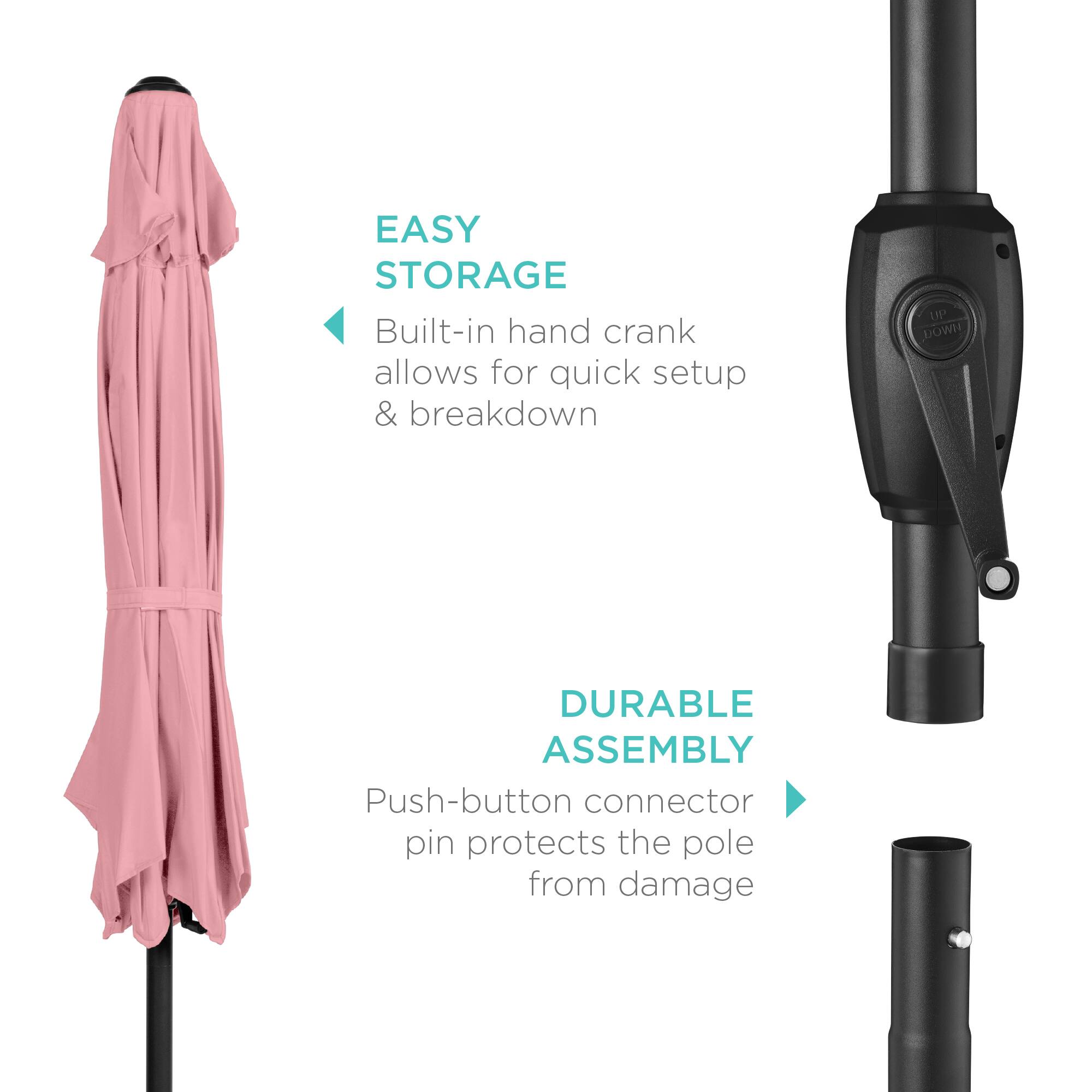 EASY STORAGE: Built-in hand crank allows for quick setup & breakdown.  
DURABLE ASSEMBLY: Push-button connector pin protects the pole from damage.
