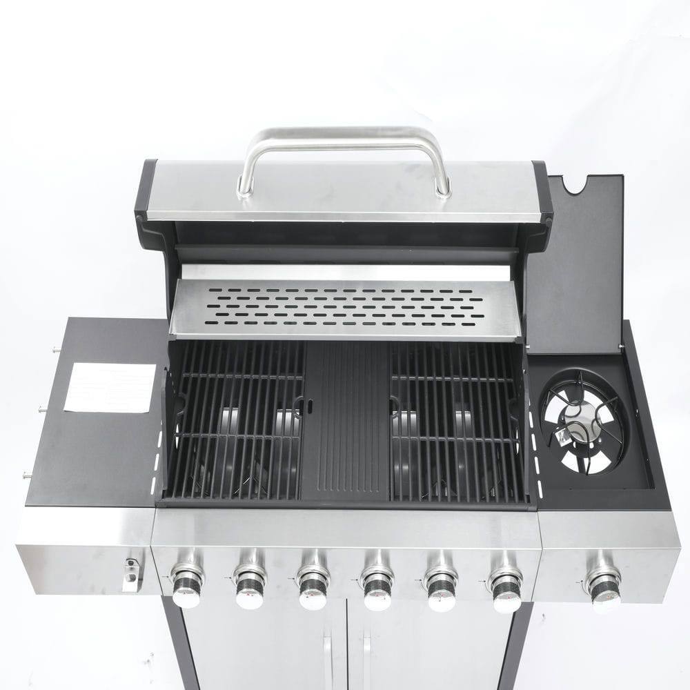 Back. Resenkos - 6 Burner Propane Gas Grill with Side Burner and Sear Burner, Stainless Steel Gas BBQ Grill for Barbecue Grilling, Silver.