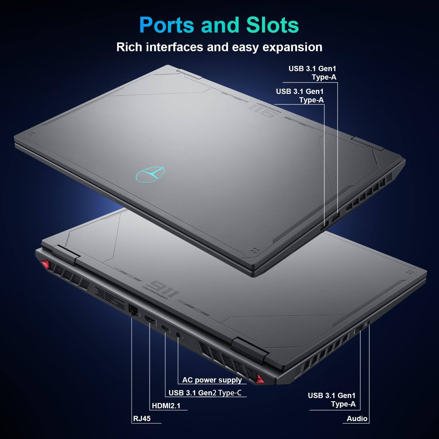 Ports and Slots  
Rich interfaces and easy expansion  

- USB 3.1 Gen1 Type-A  
- USB 3.1 Gen1 Type-A  
- USB 3.1 Gen2 Type-C  
- HDMI 2.1  
- RJ45  
- AC power supply  
- USB 3.1 Gen1 Type-A  
- Audio