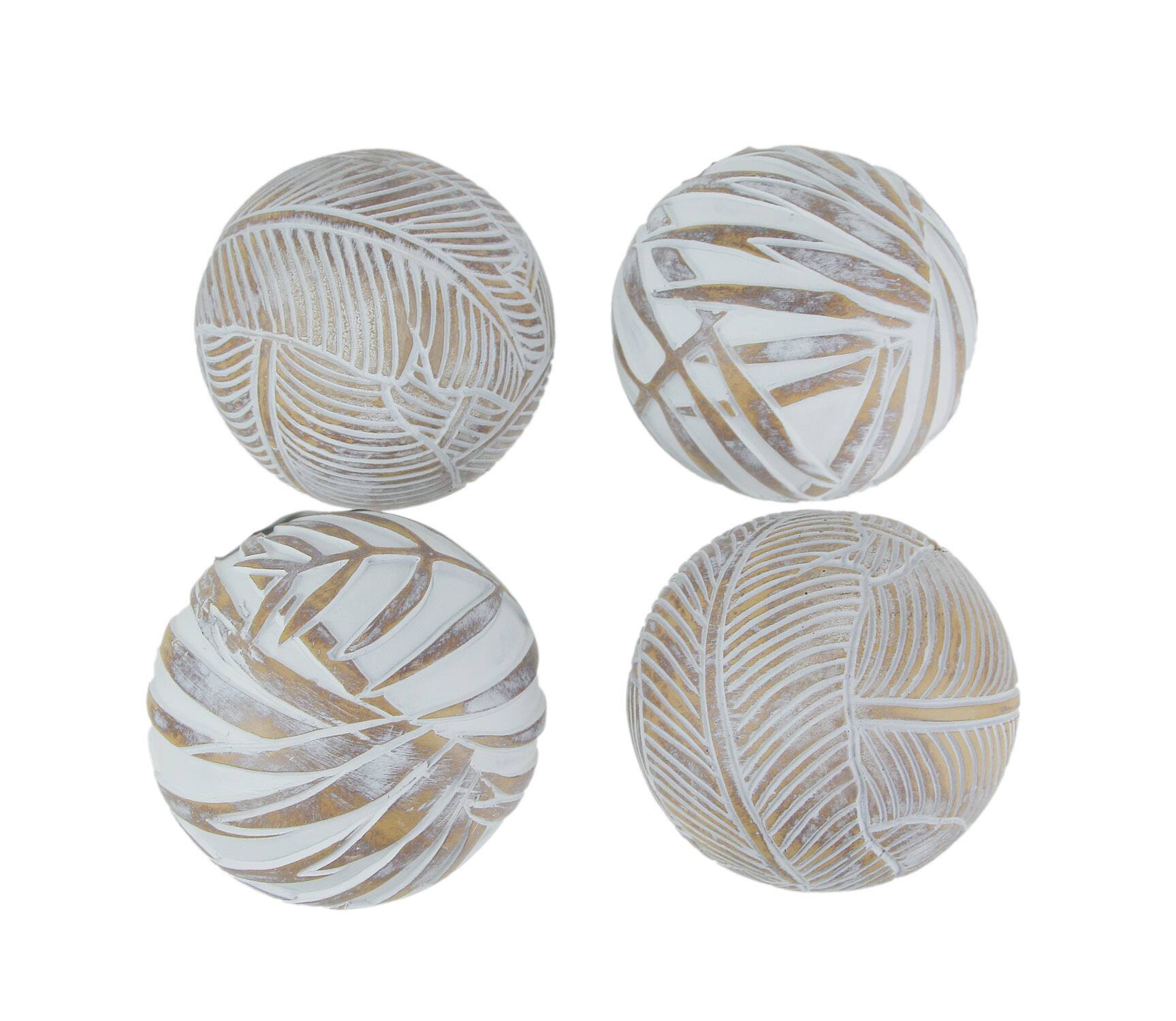 Front. Mayrich Company - Whitewashed Tropical Leaf Wood Look Decor Balls Set of 4 - White.
