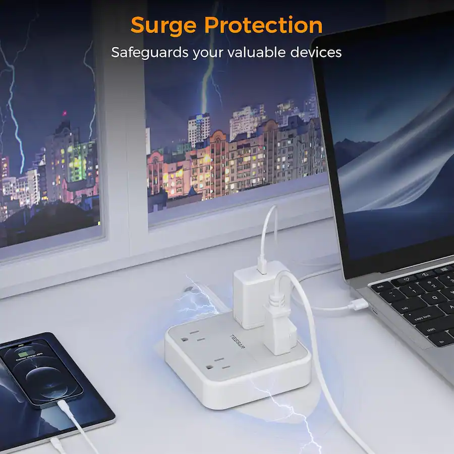 Sit Out Protector Design TESSAN 5 Ft Extension Cord Flat Plug, Surge Protector Power Strip with ...