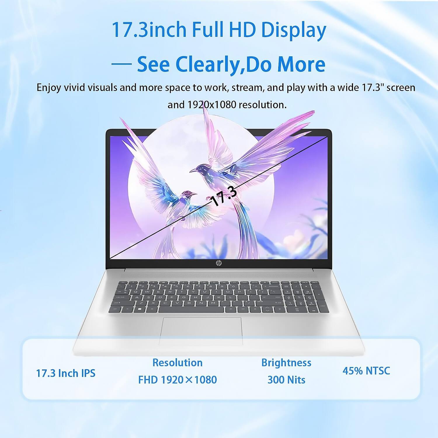 17.3-inch Full HD Display  
See Clearly, Do More  

Enjoy vivid visuals and more space to work, stream, and play with a wide 17.3" screen and 1920x1080 resolution.  

17.3 Inch IPS  
Resolution: FHD 1920 x 1080  
Brightness: 300 Nits  
45% NTSC