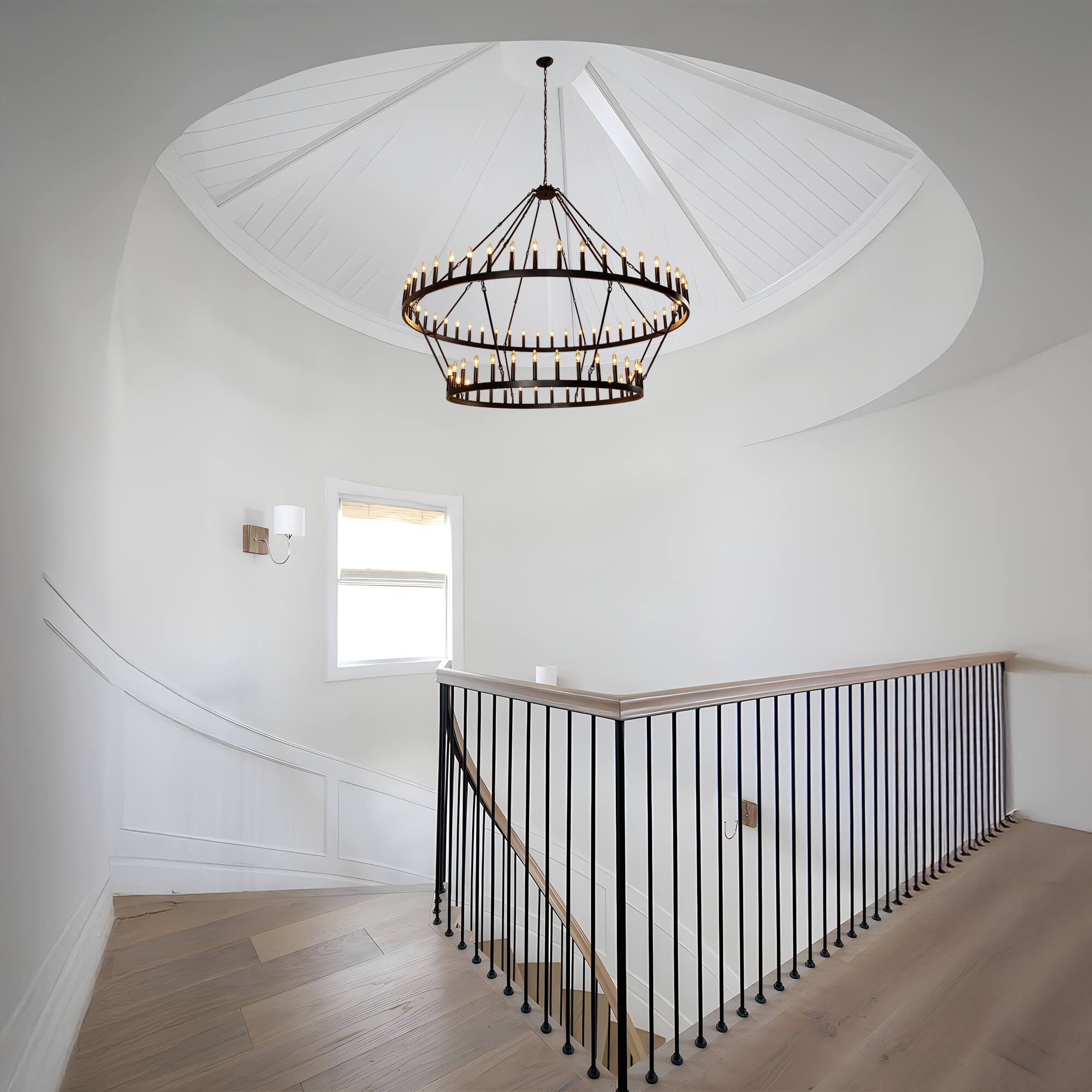 Back. RYHNUYNE - 2-Tier Black Wagon Wheel Chandelier 80-Light Extra Large Farmhouse Pendant Light for High Ceilings - Black.