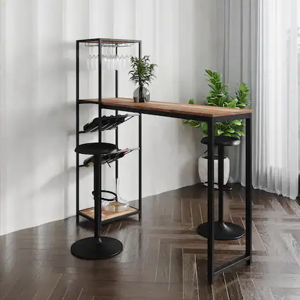 Front. Emma + Oliver - Modern Freestanding Metal Bar Table with Bottle and Stemware Storage - Light Brown Top/Black Frame.