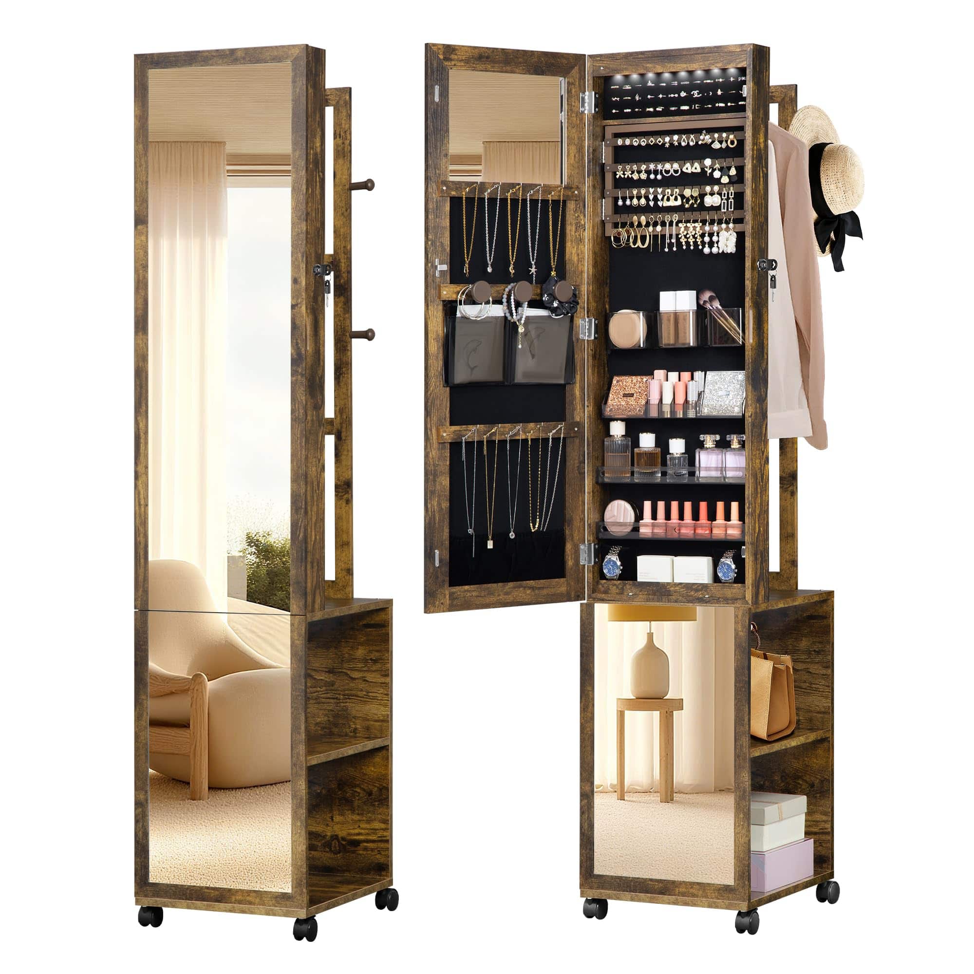 Cedar Assembly - 8 Leds Cabinet Armoire 66 9-inch Organizer With Garment Rack Lockable Full-length Mirror 4 Wheels Storage S - Toasted Oak