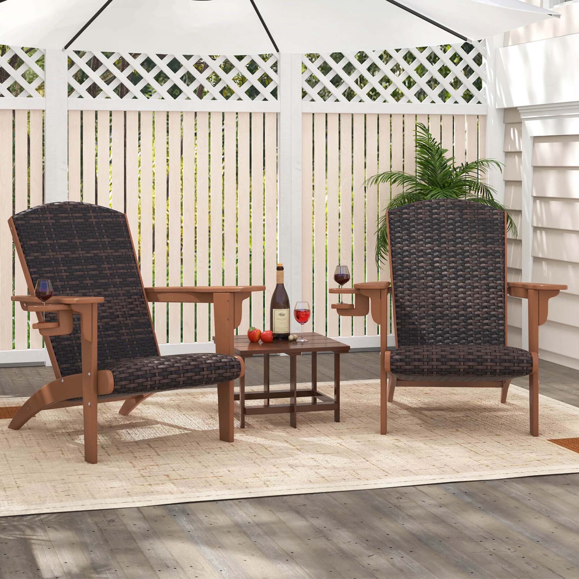 Back. Costway - Patio Adirondack Chair with Rattan Padded Seat Wide Armrests & Hidden Cupholder - Brown,Mix Brown.
