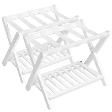 Front. Songmics Home - Solid Wood Luggage Racks, Set of 2, No Assembly Required, Foldable Suitcase Stand, Luggage Holder, with Storage Shelf - Cloud White.