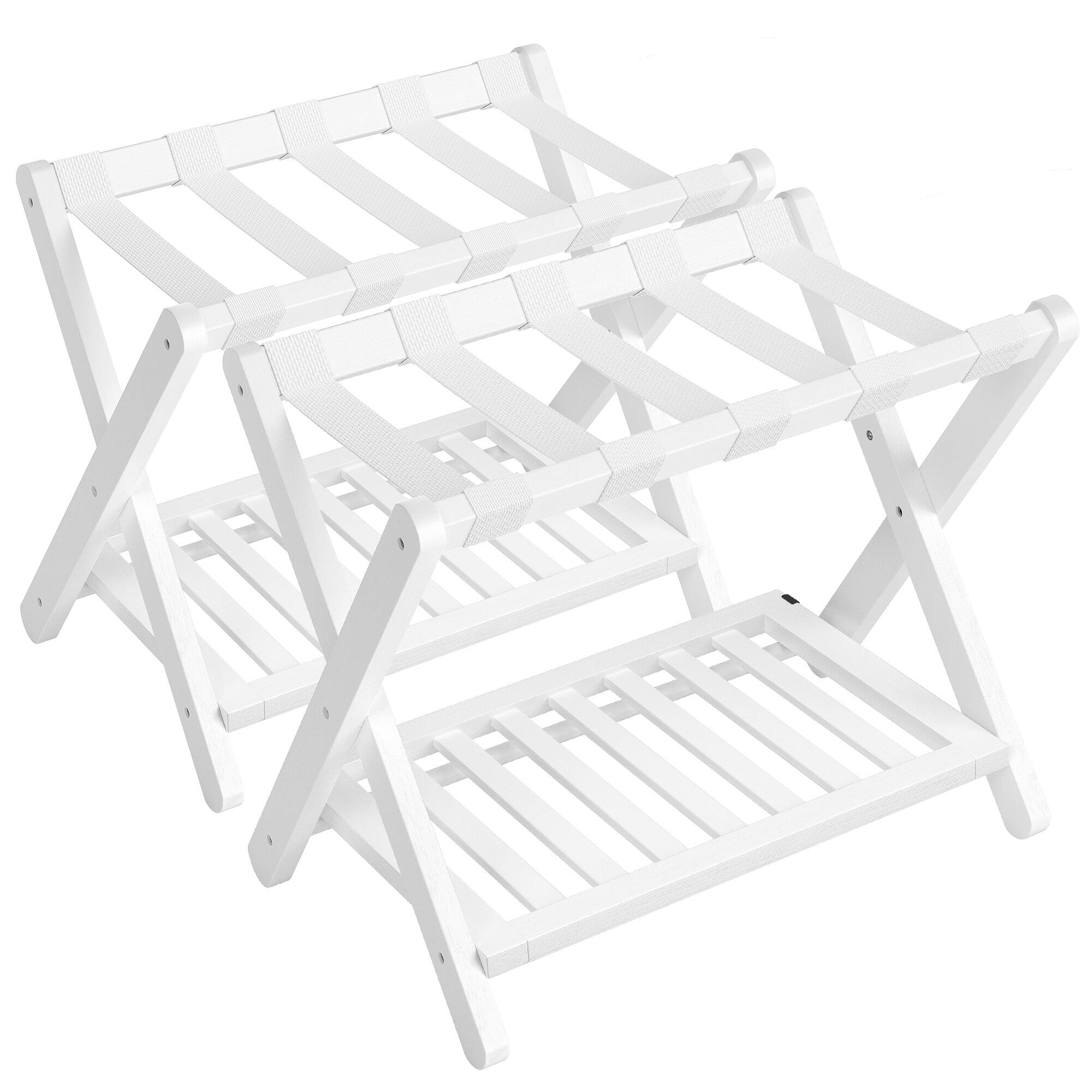 Front. Songmics Home - Solid Wood Luggage Racks, Set of 2, No Assembly Required, Foldable Suitcase Stand, Luggage Holder, with Storage Shelf - Cloud White.
