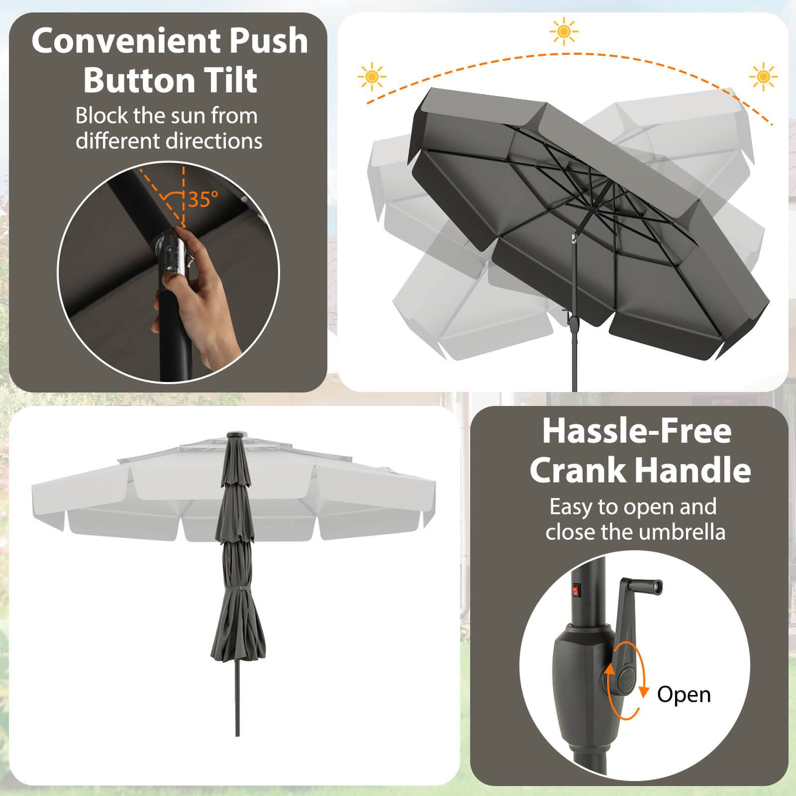 Convenient Push Button Tilt: Block the sun from different directions

Hassle-Free Crank Handle: Easy to open and close the umbrella