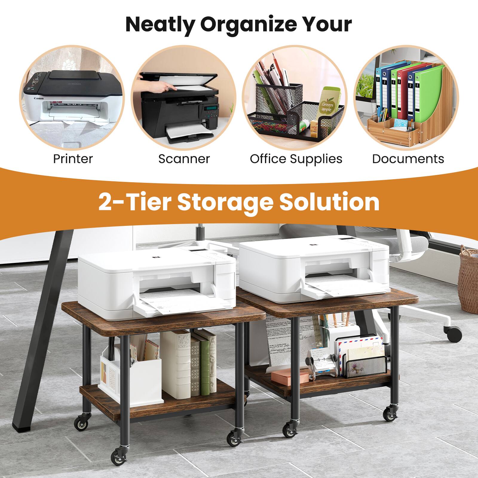 Neatly Organize Your  
Printer, Scanner, Office Supplies, Documents  
2-Tier Storage Solution