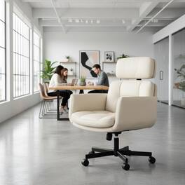 Forest'nSky - Wide Cross-Legged Office Chair with Adjustable Headrest, Arms & Wheels, Swivel PU Task Chair for Makeup, Gaming - Beige