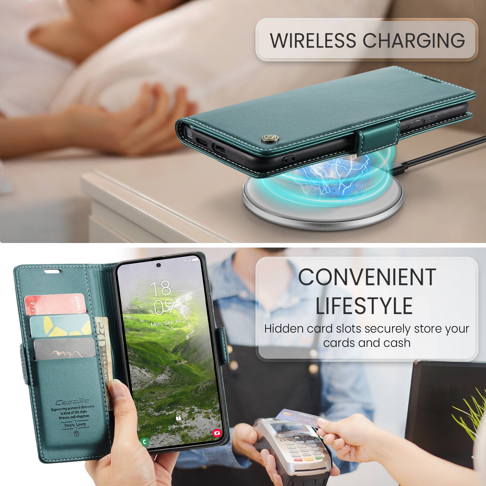 WIRELESS CHARGING

CONVENIENT LIFESTYLE
Hidden card slots securely store your cards and cash