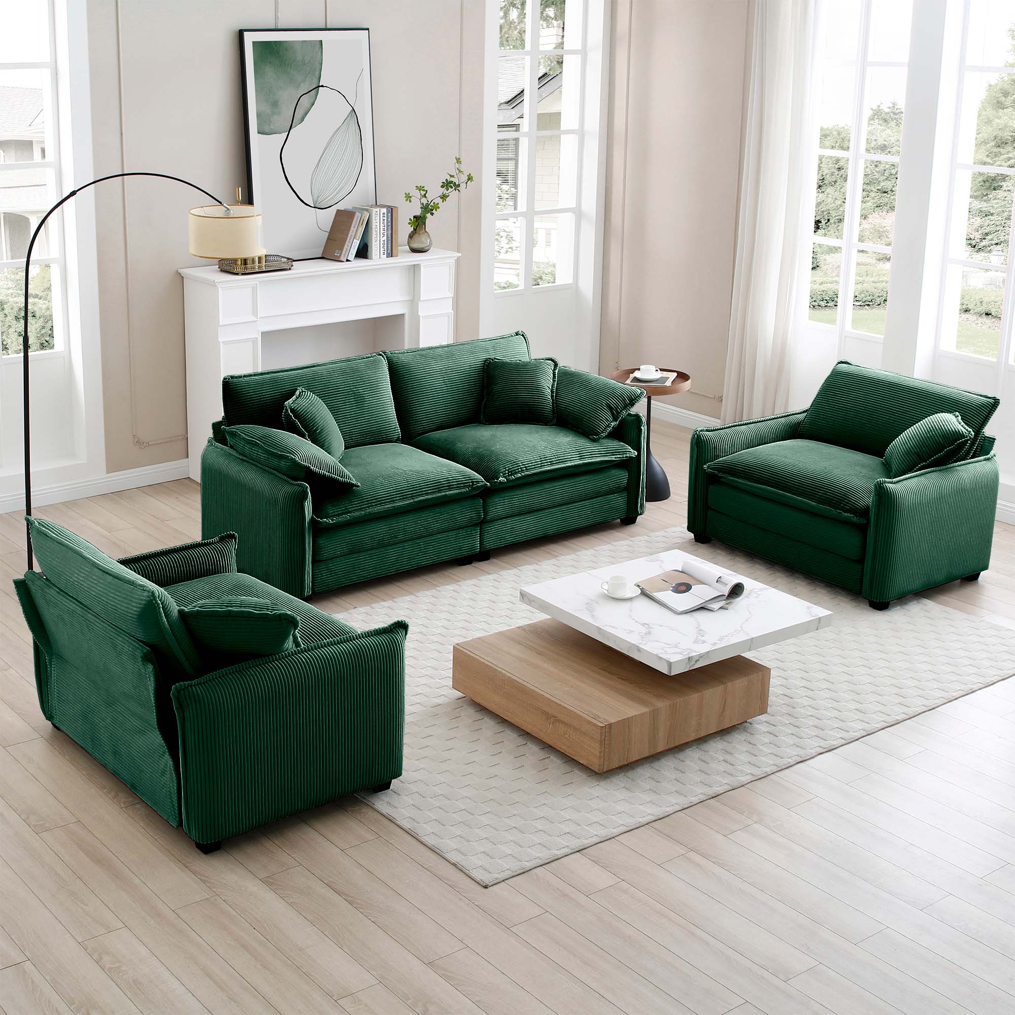 Left. LOVMOR - Single Seat Corduroy Sofa Set Easy Assembly Memory Foam For Living Room Bedroom Home Theater Soft Textured Den - Green.