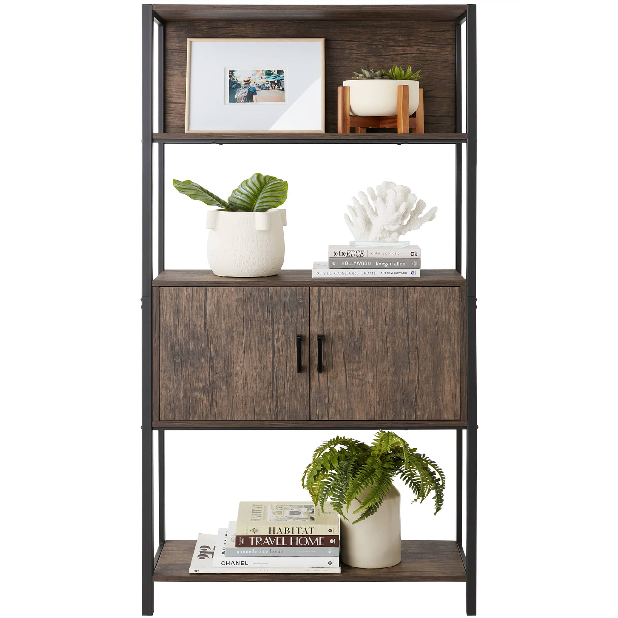 Best Choice Products - Storage Bookshelf for Living Room, Walkway w/ Enclosed Cabinet, Elevated Design - Dark Walnut