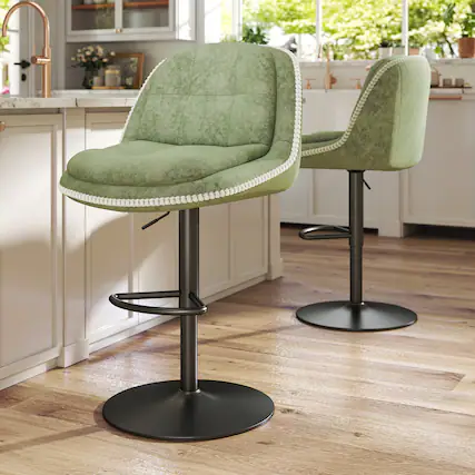 Front. KERDOM - Swivel Bar Chairs Set of 2, Height Adjustable Counter Stools with Footrest, Linen Upholstered Barstools Counter Height - Sage Green.