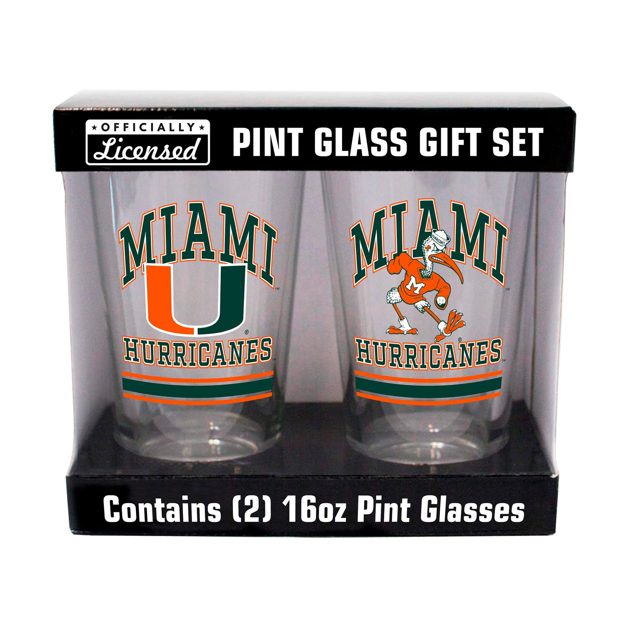 OFFICIALLY Licensed PINT GLASS GIFT SET MIAMI HURRICANES Contains (2) 16oz Pint Glasses