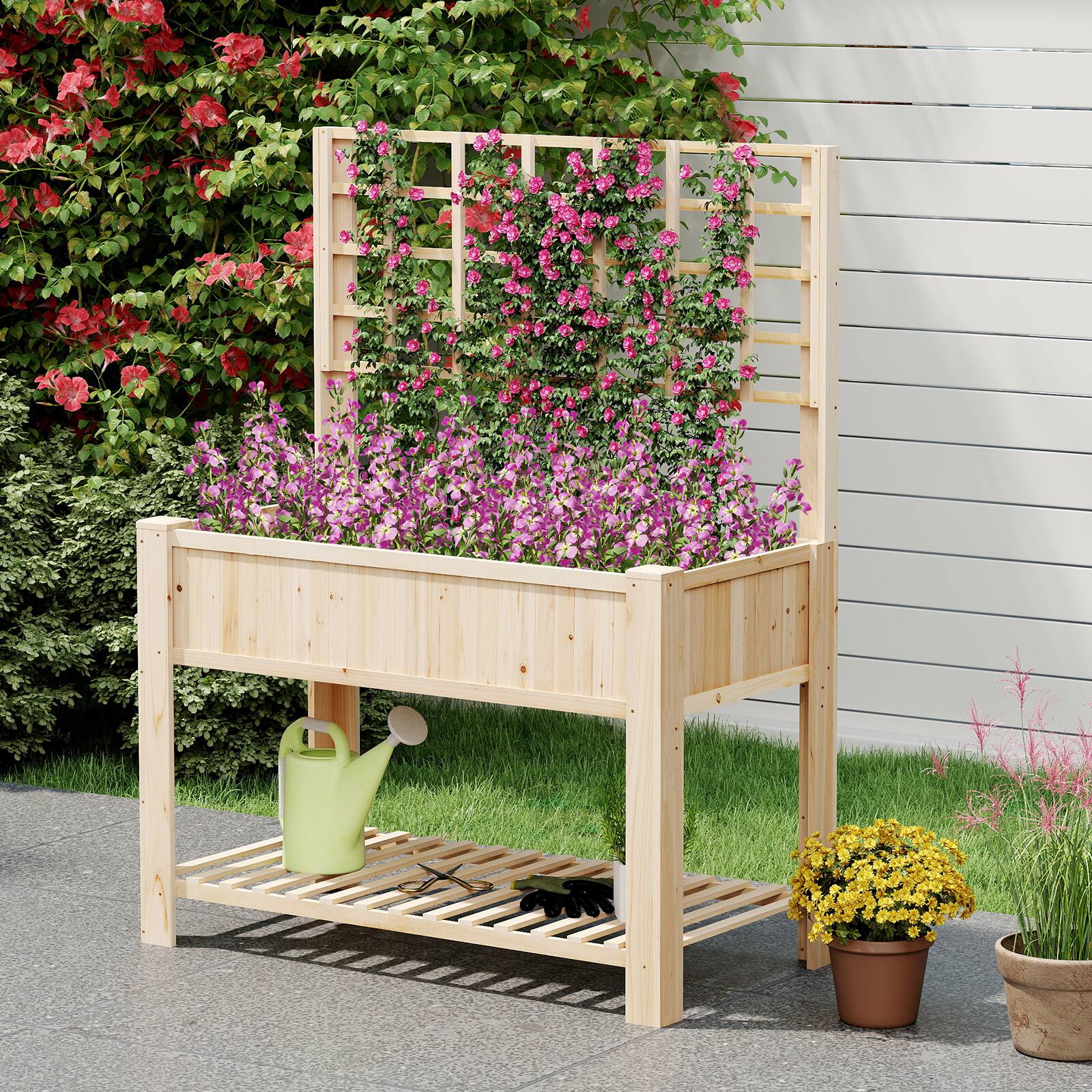 Angle. SlickBlue - Wooden Raised Garden Bed with Trellis, Elevated Planter Box for Outdoor Use - Natural.