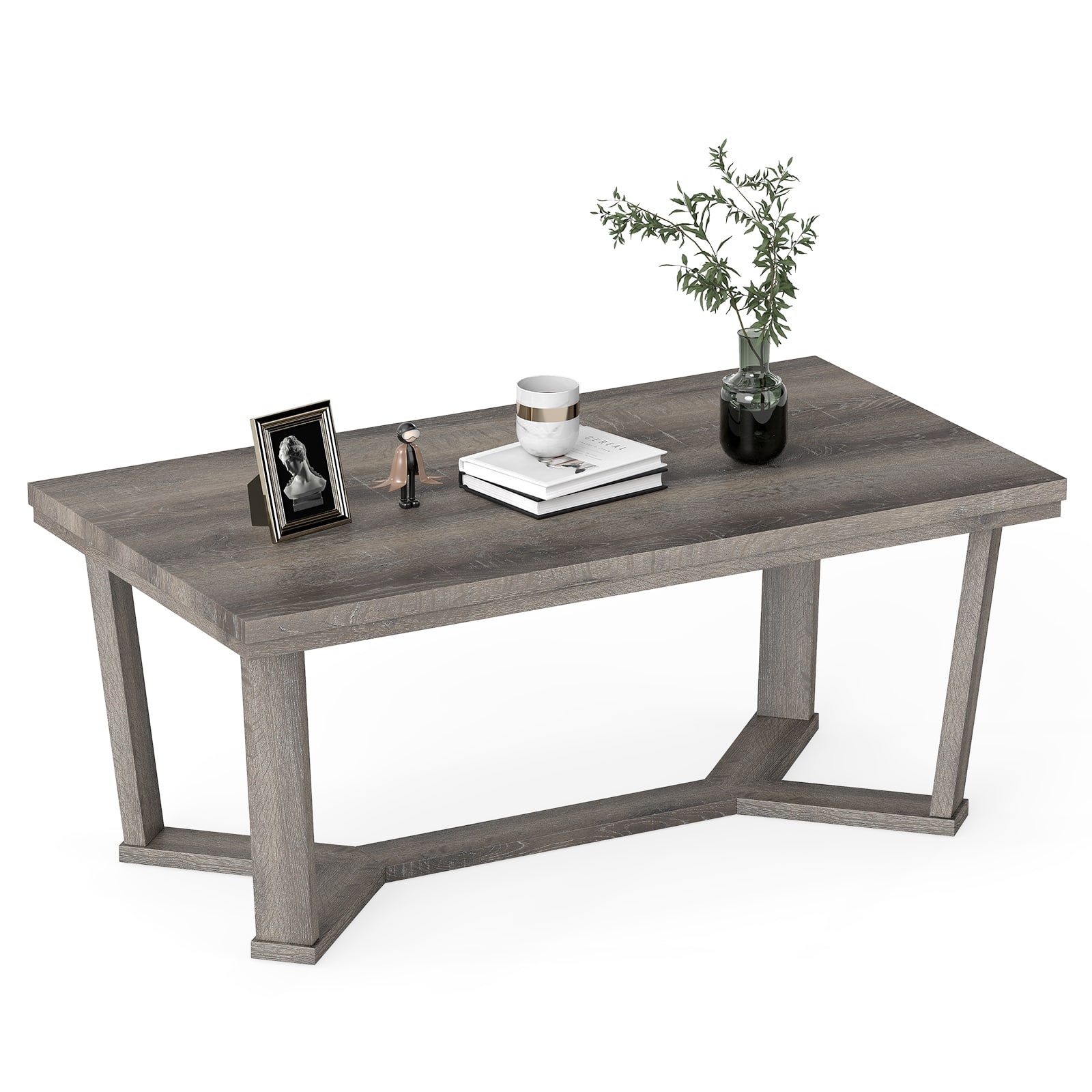 Gymax - Coffee Table Solid Rubber Wood Center Table w/ Cross-Shaped Base Accent Table - Gray