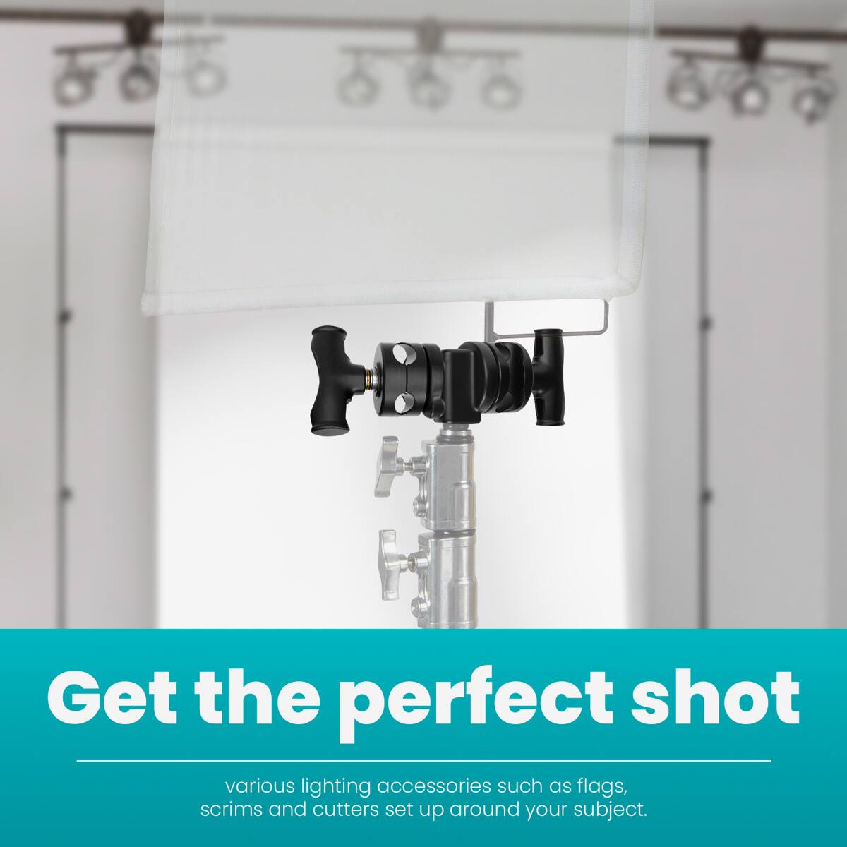 Get the perfect shot various lighting accessories such as flags, scrims and cutters set up around your subject.
